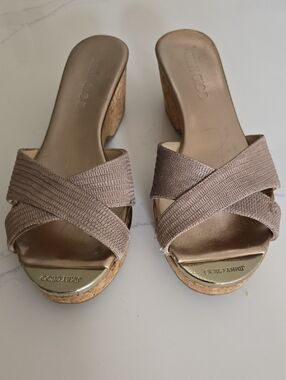 Jimmy Choo Taupe Crisscross Wedge Sandals with Gold Toe Plate